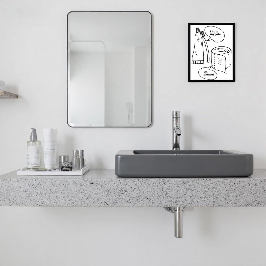 Urmoya Bathroom Wall Art - Modern Black and White Funny Sign | Minimalistic 8x10 Inch Framed Canvas Print