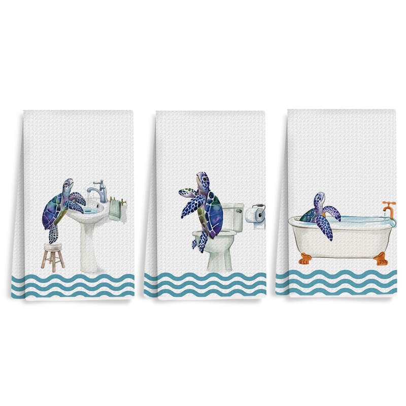 XFN 3 Pcs Sea Turtle Hand Towels for Bathrooms 24x14 Inch, Toilet Bowl Bathtub Microfiber Kitchen Towels, Tortoise Waffle Weave Hand Tea Towel for Home Bathroom Decor, Sea Turtle Gifts for Women