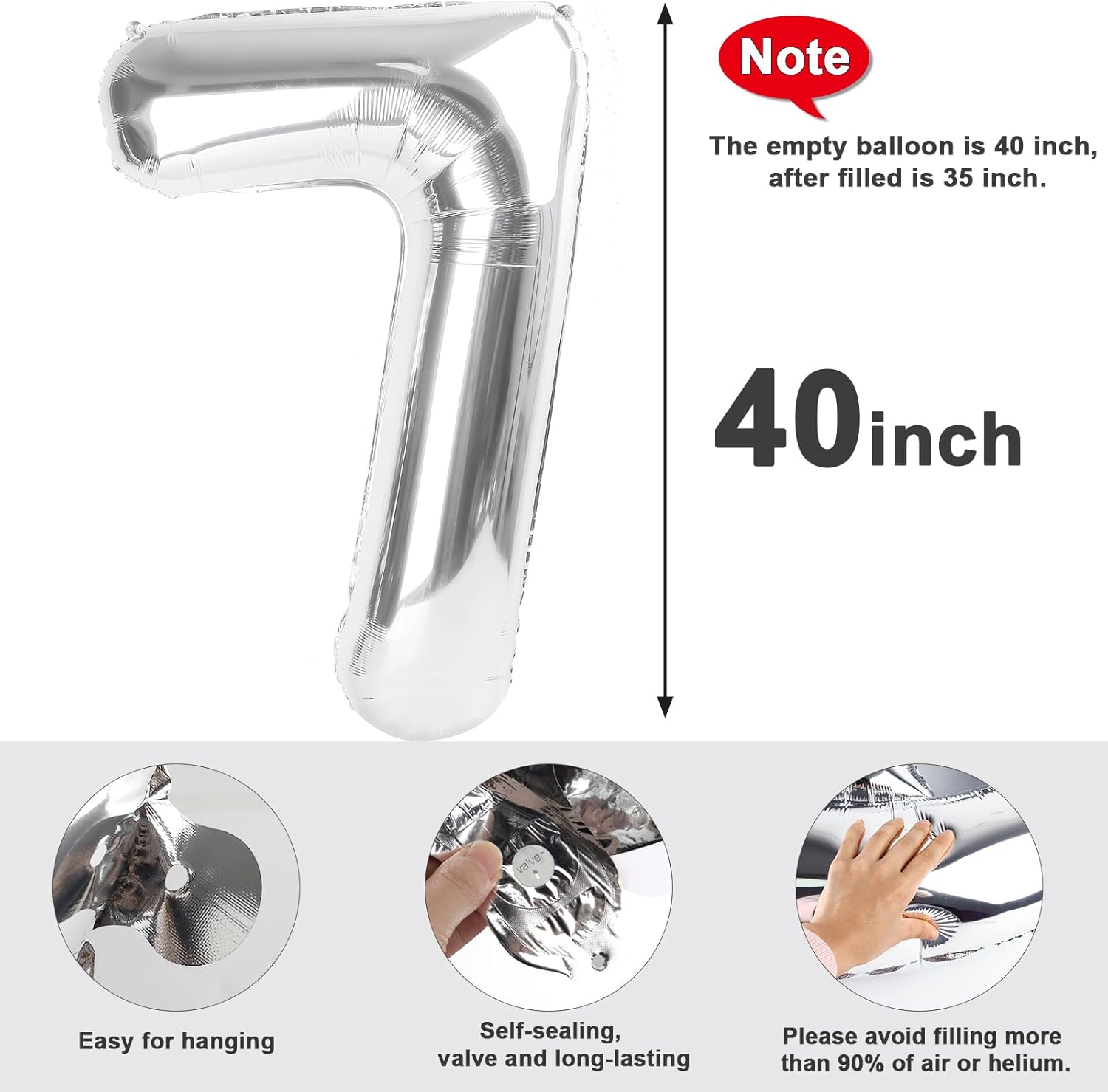 40 Inch Silver Number 7 Balloon - Perfect for Birthday, Engagement, Wedding & Graduation Celebrations
