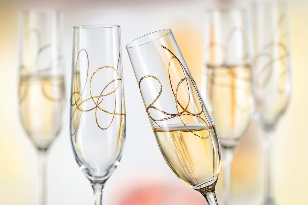 Barski Champagne - Flute - Glasses - Glass Crystal - Wedding Toasting Flutes - With Gold String Design - Set of 2 Each Glass is 9 oz. - Gift Boxed - Made in Europe