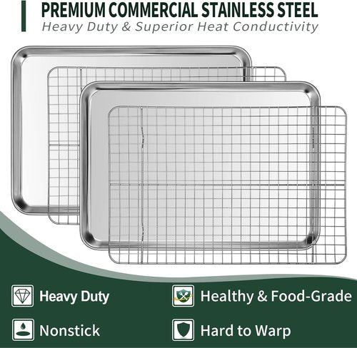 CEKEE 10-Inch Stainless Steel Baking Sheet Set - 4-Piece with Wire Racks, Rust & Warp Resistant