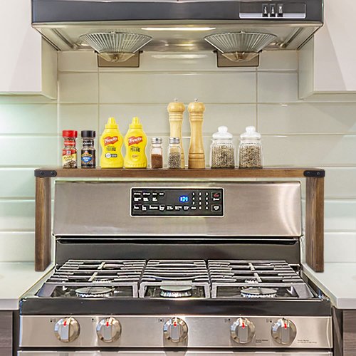 MyGift 34 Inch Over The Stove Spice Rack Deluxe Rustic Burnt Brown Solid Wood Display Shelf with Industrial Black Metal Corner Bracket Decoration Accents
