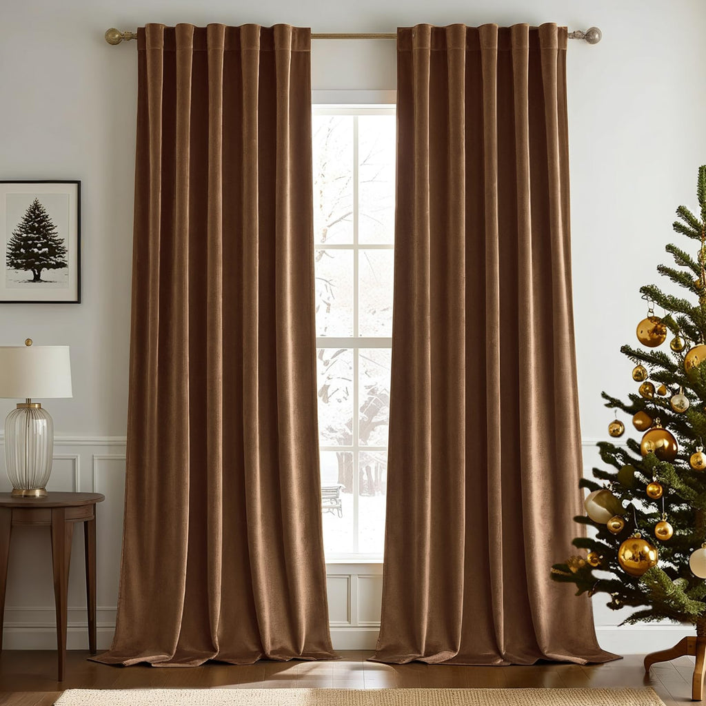 Woaboy Back Tab & Rod Pocket Velvet Curtains 96 Inches Long 2 Panels Set, Brown Classical Thermal Insulated Light Blocking Window Drapes for Bedroom Living Room Nursery Privacy, W52 x L96