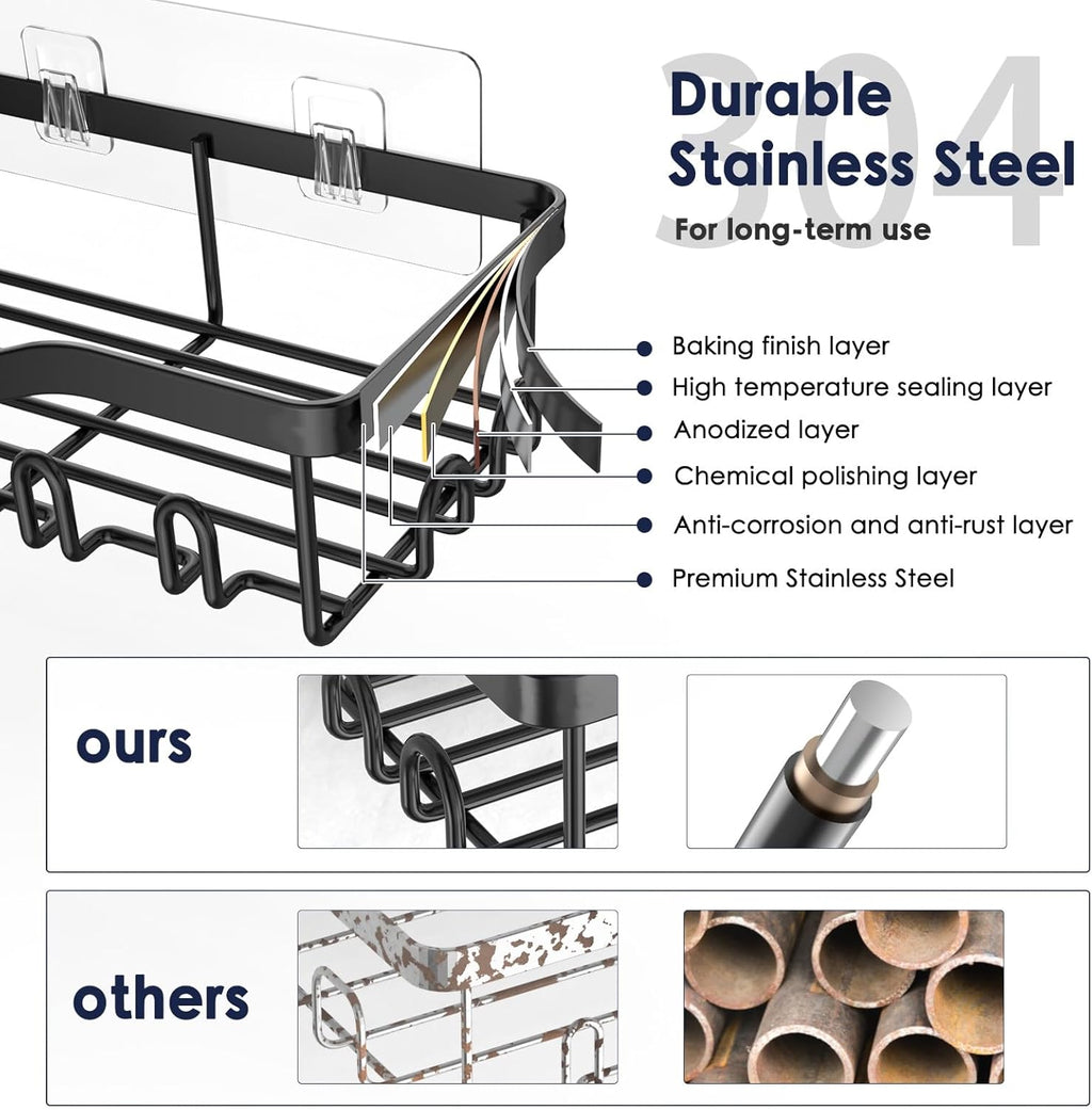 NESOMI Shower Caddy - Rustproof Stainless Steel Organizer with Soap Dish & Hooks | 7-Pack, No-Drill Storage