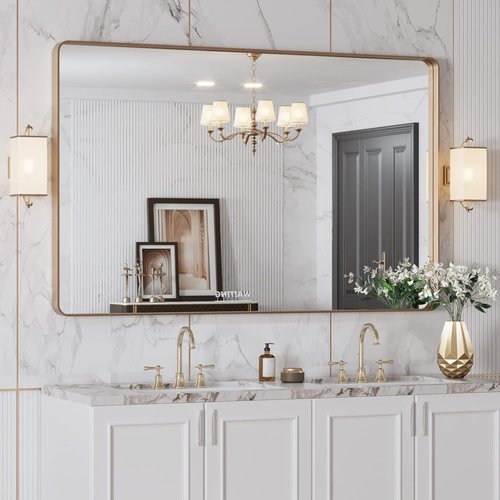 LOAAO Gold Bathroom Mirror - 48”X30” Rounded Rectangle Design | Anti-Rust Tempered Glass, Wall-Mounted