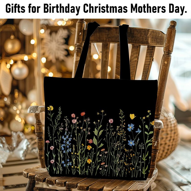Wildflower Canvas Tote Bag Aesthetic Canvas Bag with Pocket for Shopping Work Gym Botanical Large Reusable Grocery Bags Gifts for Women Bridesmaid Flower Appreciation Birthday Friendship Christmas