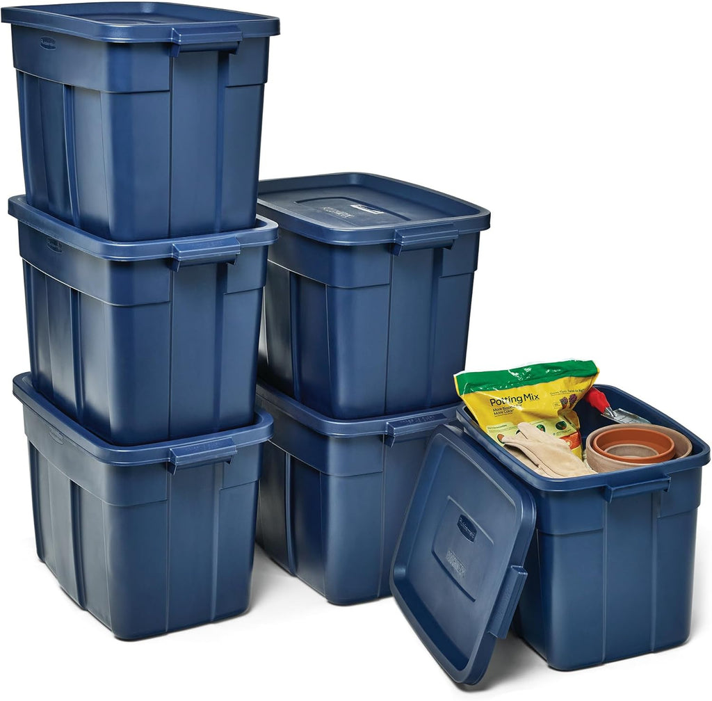 Rubbermaid Roughneck Tote - 18 Gal Stackable Storage Bins | Rugged Plastic, Dark Indigo, 6 Pack