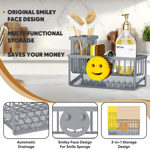 Taugast Smiley Face Sink Caddy, Stainless Steel, Gray, Kitchen Sink Organizer, Self-Draining, Non-Slip, Large, 9.5" x 4" x 6.3"