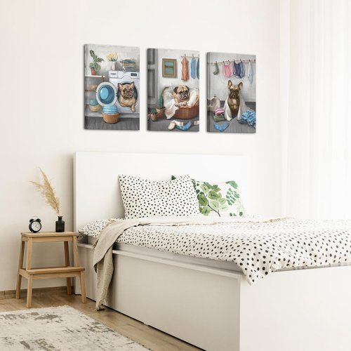 Conipit Laundry Room Canvas Wall Art Funny Dog Painting Prints Artwork Decor for Laundromat Dry Cleaning Store Framed (Medium, grey)