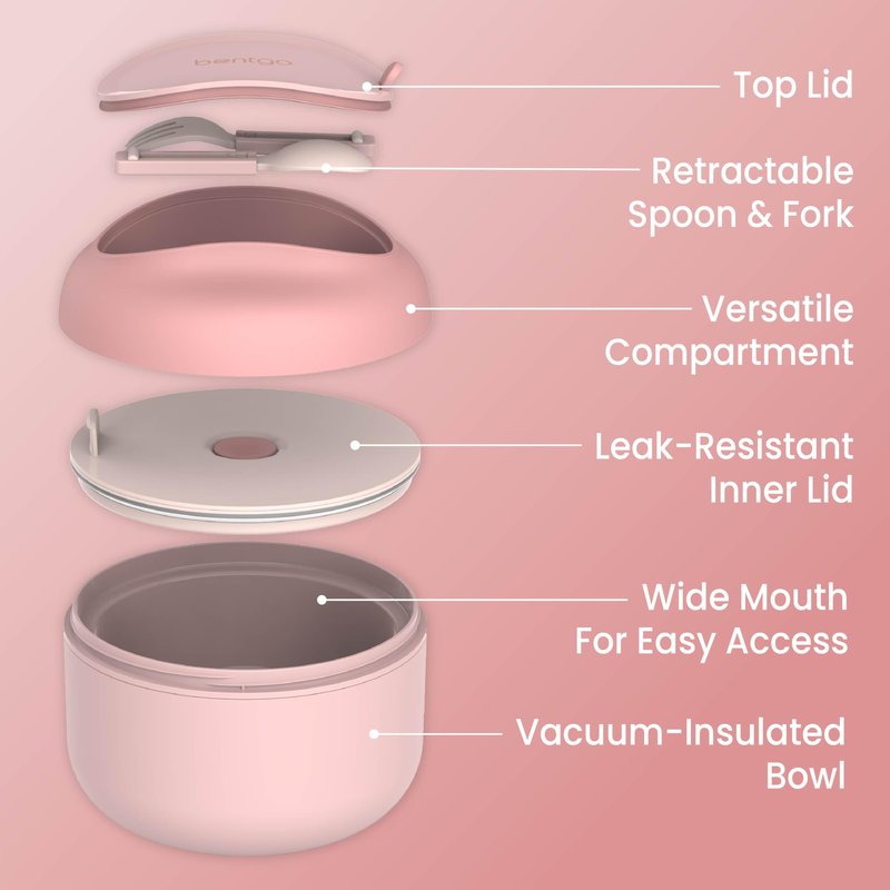 Bentgo Bowl - Insulated Leak-Resistant Bowl with Snack Compartment, Collapsible Utensils and Improved Easy-Grip Design for On-the-Go - Holds Soup, Rice, Cereal & More - BPA-Free, 21.2 oz (Blush)