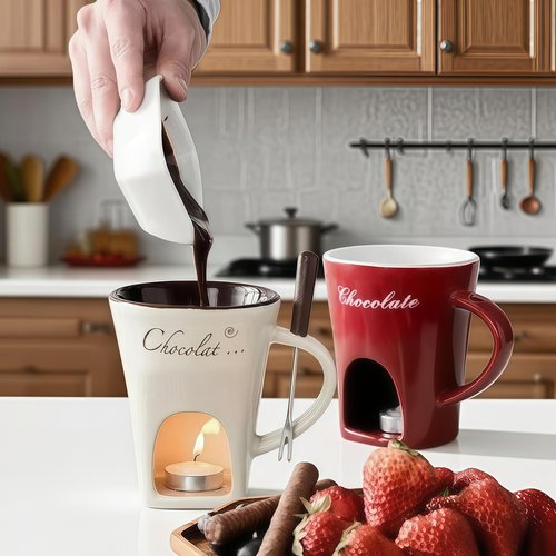 Sweet Fondue Cup,Chocolate Melting Fondue Mugs Set,Chocolate Melting Pot,Fondue Cups With Forks For Date Night Birthday Wedding Gifts (Brown)