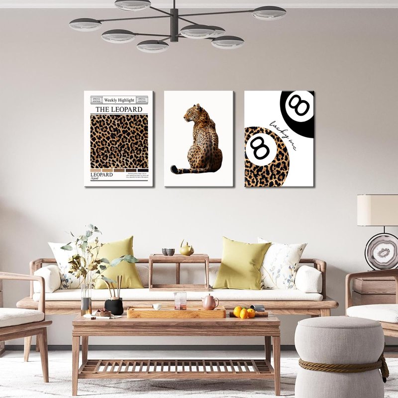 Set of 3 Trendy Leopard Canvas Wall Art Funky Lucky 8 Ball Posters Prints Preppy Room Aesthetic Cheetah Wall Decor Pictures for Girly Bedroom Apartment Dorm 16x24in