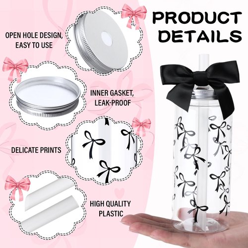 Skylety 12 Pcs 14 oz Black Bow Plastic Cups Reusable Coquette Bottles with Lids and Straws Black Reusable Plastic Aesthetic Cup with Ribbon Bow for Birthday Wedding Women Bridal Shower Party Supplies