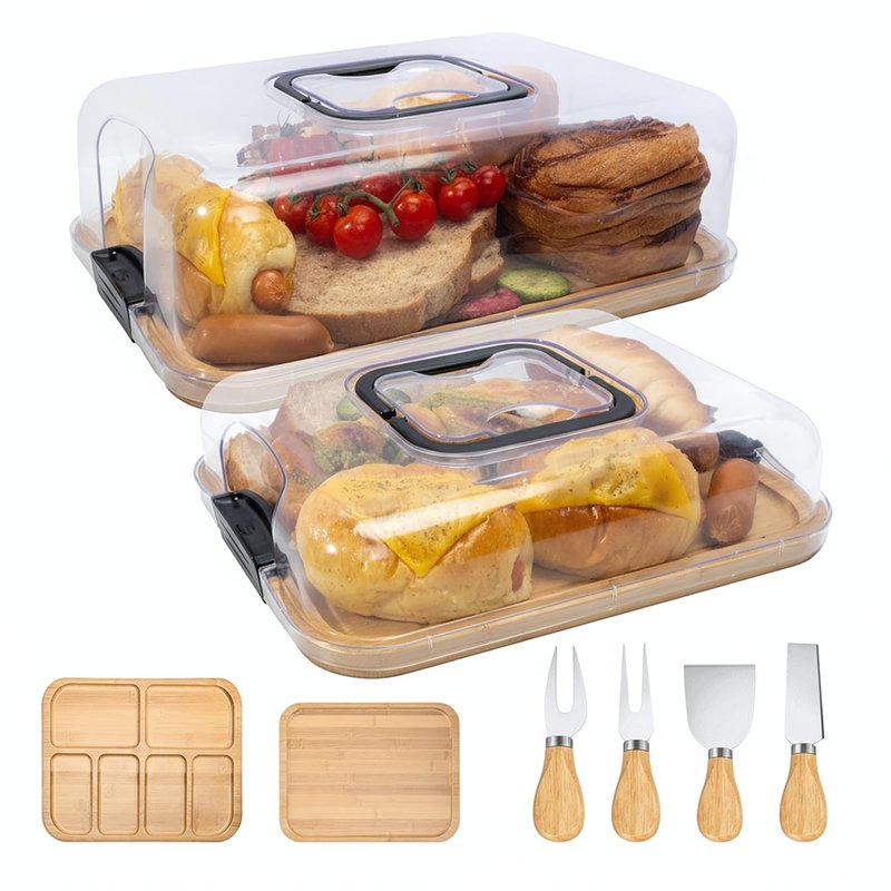 JEPISADI 13.4"x9.5" Portable Cheese Board with Standard Clear Lid - Bamboo Charcuterie Container for Office, School, Travel - Carrying Handle & Locking Clasps