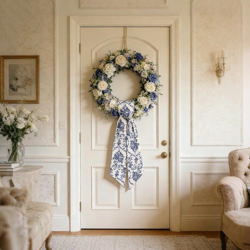 AZYM Wreath Sash Set - Elegant Blue Flower Ribbon for Indoor/Outdoor Door Decor | 2 Pcs