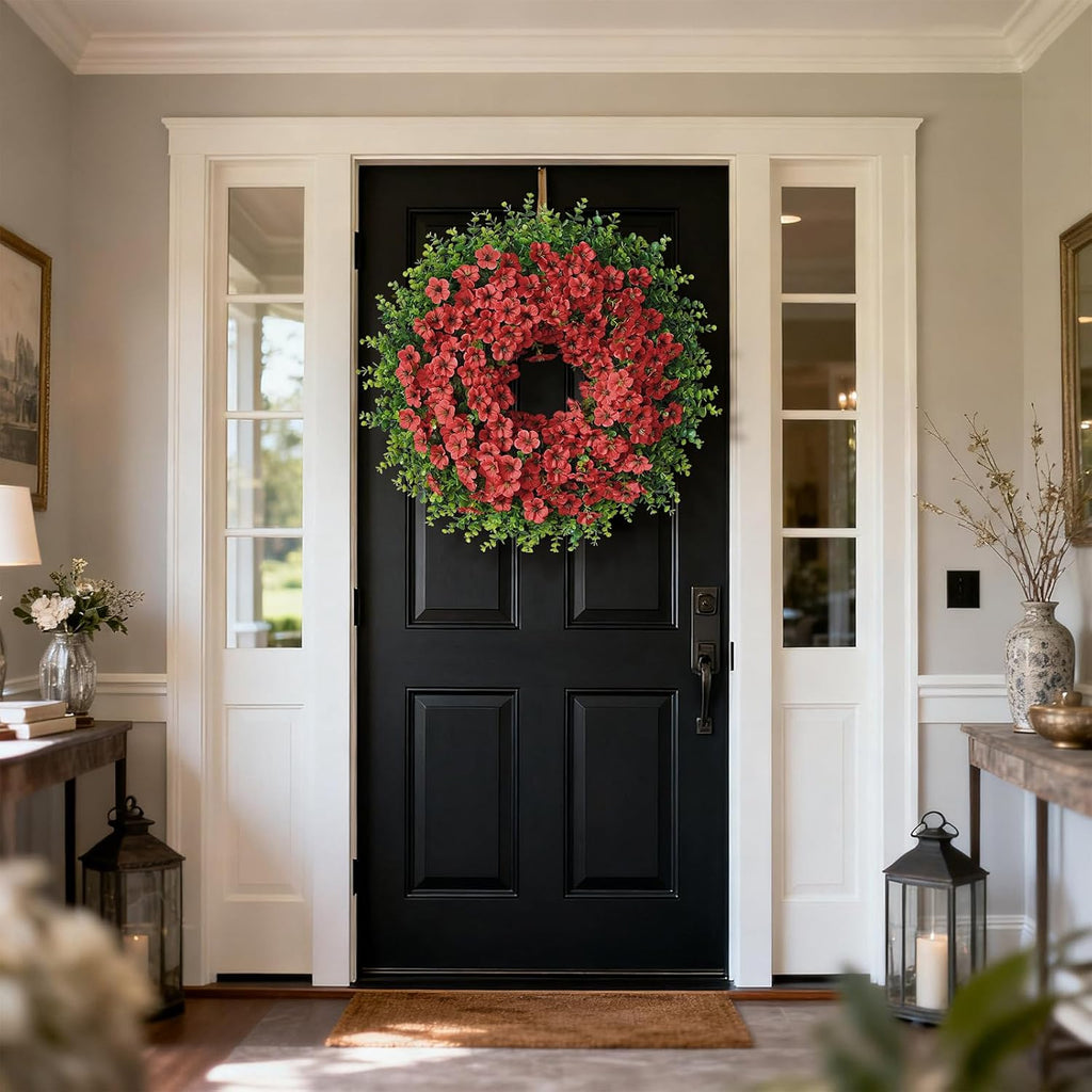 Skiennix 26" Large Artificial Eucalyptus Wreath - Realistic Silk Morning Glory Flowers for Home & Wedding Decor (Red)
