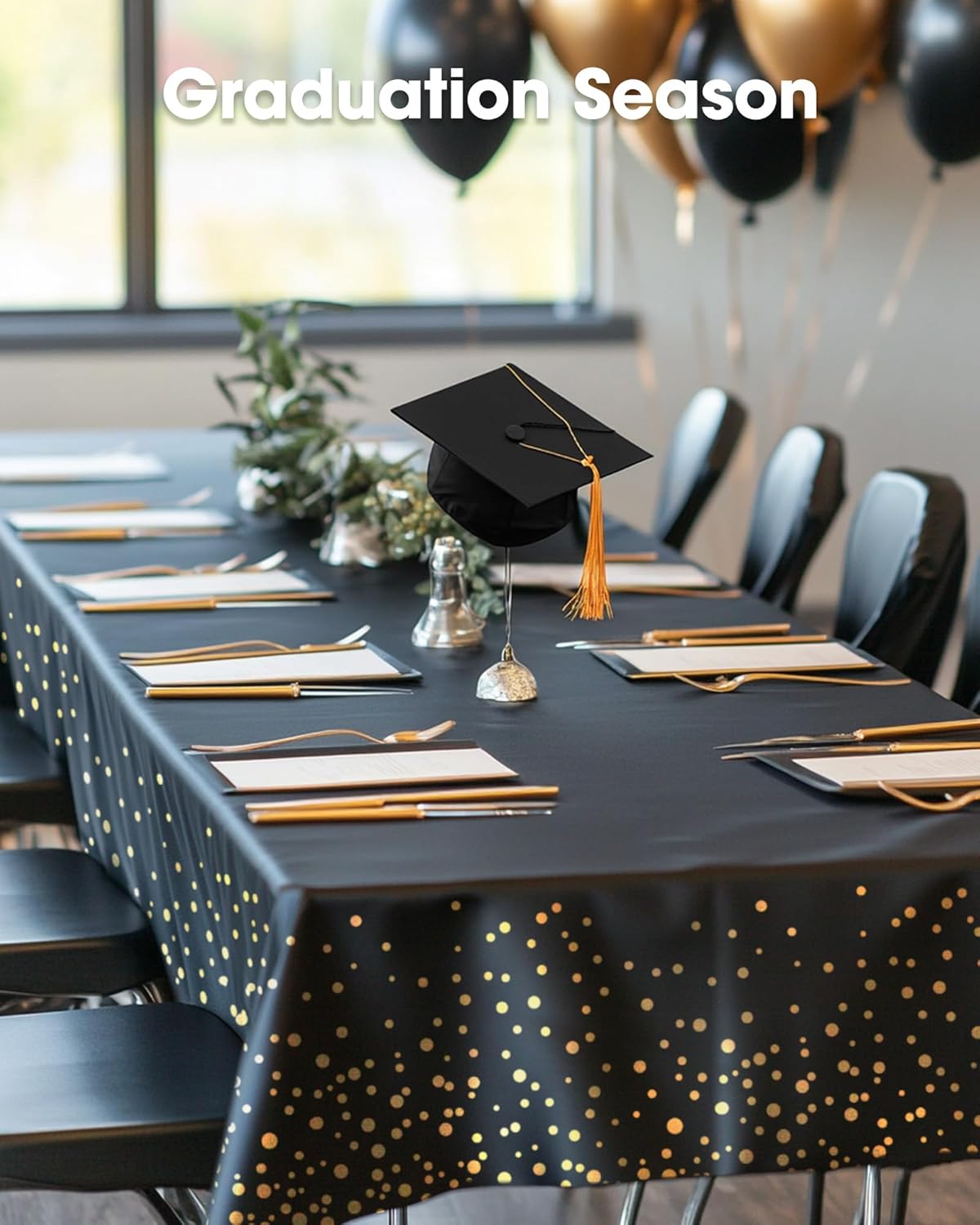 Pureegg Disposable Plastic Tablecloths - 10 Pack, 54 x 108 Inch, Leakproof & Sturdy, Black and Gold for Graduation Celebrations