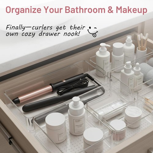 Clear Plastic Drawer Organizer Bins by [Brand Name] - Heavy Duty Storage Trays for Kitchen & Bathroom | 8 Pack