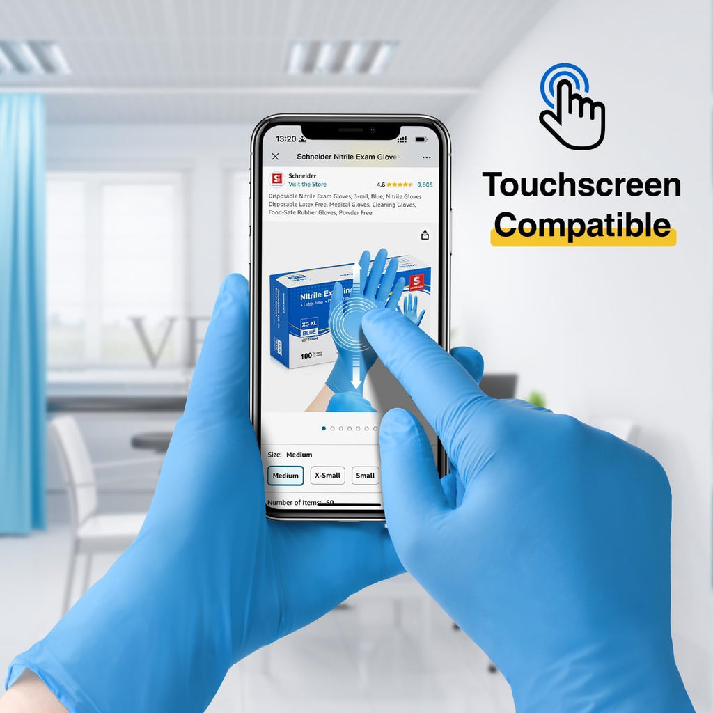 Schneider Nitrile Exam Gloves - Medical Grade Blue Disposable Latex-Free Rubber Gloves for Food Prep