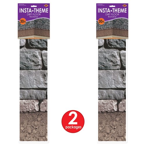 Beistle Stone & Dirt Floor Wall Backdrops, 4’ x 30’, Pack of 2 – Medieval Party Decorations, Medieval Decor Background, Easy to Adhere Wall Covering, Stone Backdrop, Halloween Party Decorations