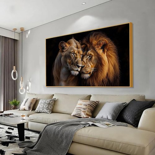 Lions Canvas Wall Art - Romantic Loving Lions Couple, African Wildlife Decor | Gold Framed 48"x27" (122x68cm)