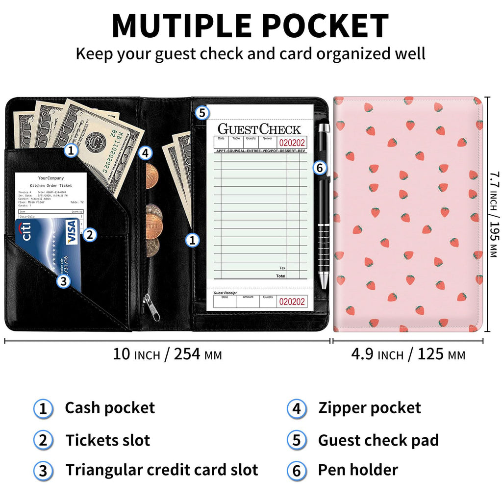 Server Books for Waitress with Zipper Pocket Cute Waitress Books for Servers,Leather Waiter Wallet Server Book Organizer Server Check Book Fit Server Apron,with A Pen,Pink Strawberry Pattern