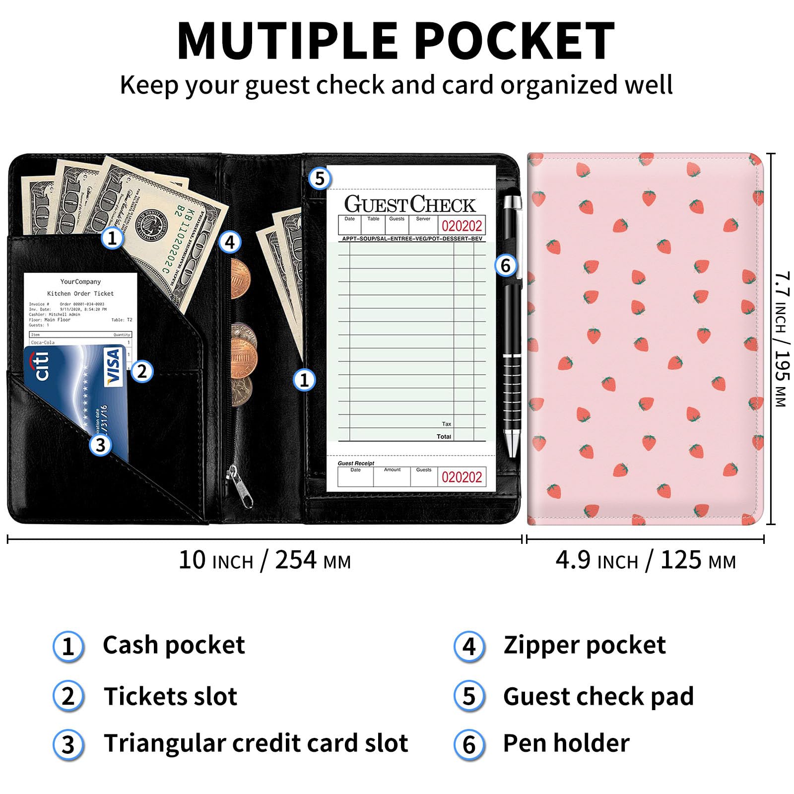 Server Books for Waitress with Zipper Pocket Cute Waitress Books for Servers,Leather Waiter Wallet Server Book Organizer Server Check Book Fit Server Apron,with A Pen,Pink Strawberry Pattern