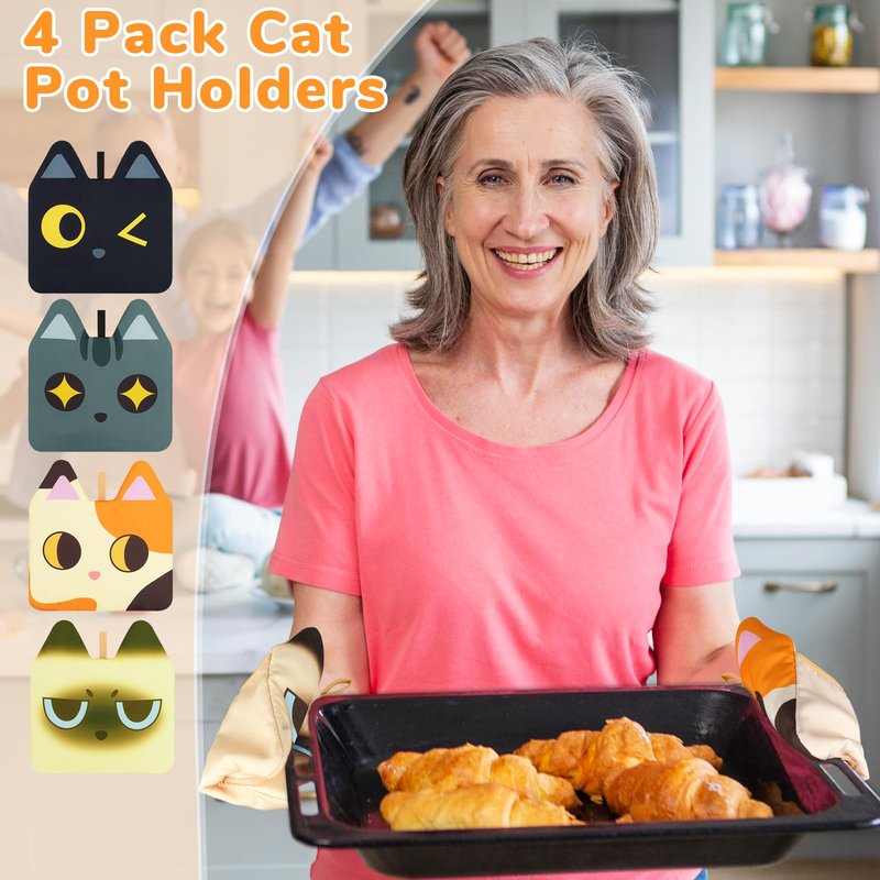 NIGOWAYS 4PCS Pot Holders,Cat Pot Holders for Kitchen,Cute Hot Pads with Pocket and Hanging Loops,Heat Resistant Hot Pad Oven Mitts for Kitchen Cooking and Baking (Cool cat)