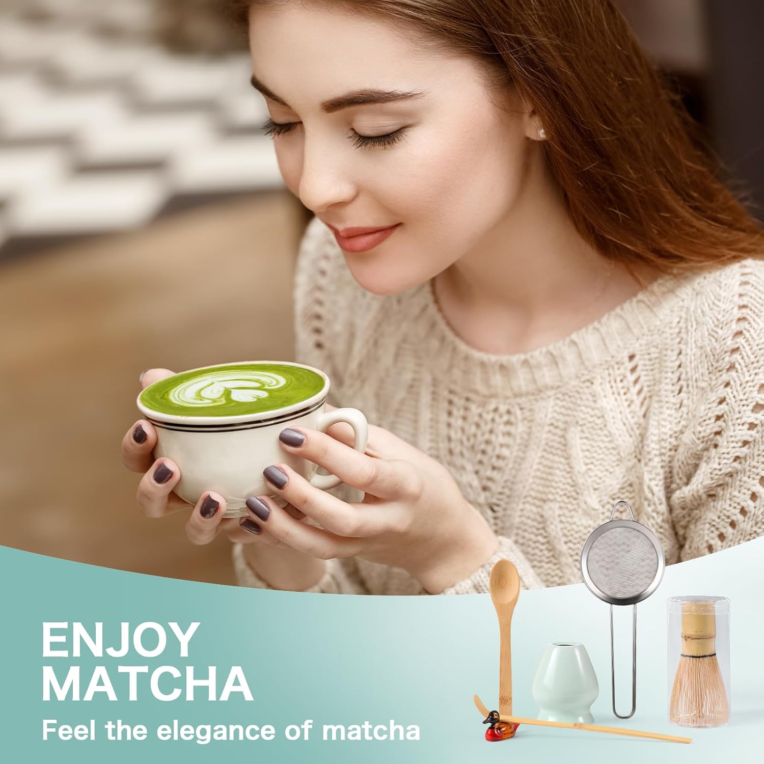 Skiennix Matcha Whisk Set - Complete 6-Piece Kit with Bamboo Whisk, Ceramic Holder & Accessories