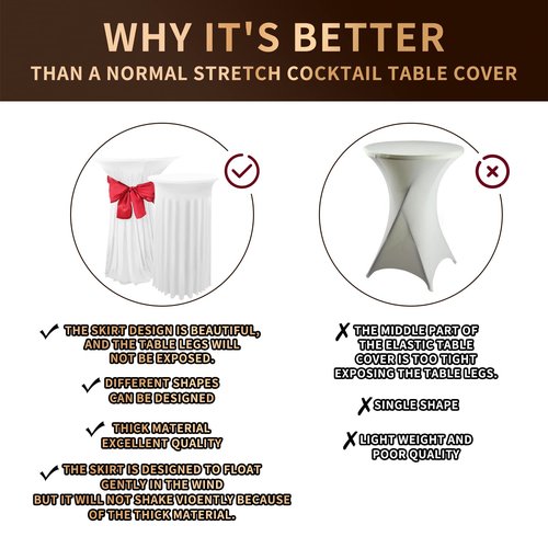 3 Packs Cocktail Table Covers Spandex Stretch White Round Tablecloth with Skirt, 32"x 43" Upgraded Model Cocktail Table Skirt Fitted High Top Stretch Table Dress for Party Wedding Banquet Table