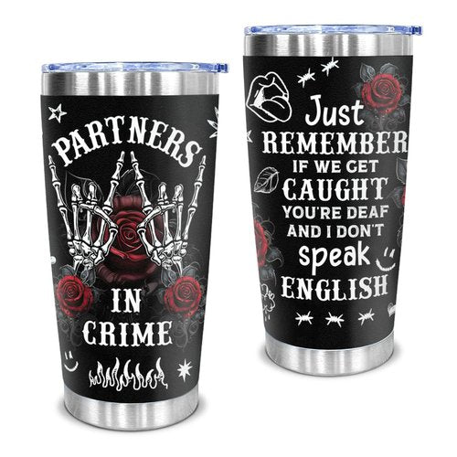 CHOANG Gothic Partners in Crime Tumbler Gift for Best Friend, Funny Stainless Steel Travel Mug with Skeleton Hands & Roses, Friendship BFF Birthday Christmas Present for Women Girls