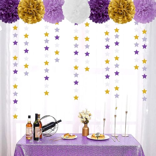 Hugtmr Star Garland - 62ft Purple Lavender & White Gold Party Decorations | Perfect for Birthdays & Showers