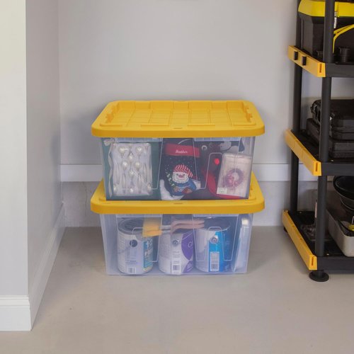 CX Black & Yellow 27-Gallon Heavy Duty Storage Bins - Stackable & Weather-Resistant | 4 Pack (14.3H x 20.6W x 30.6D)
