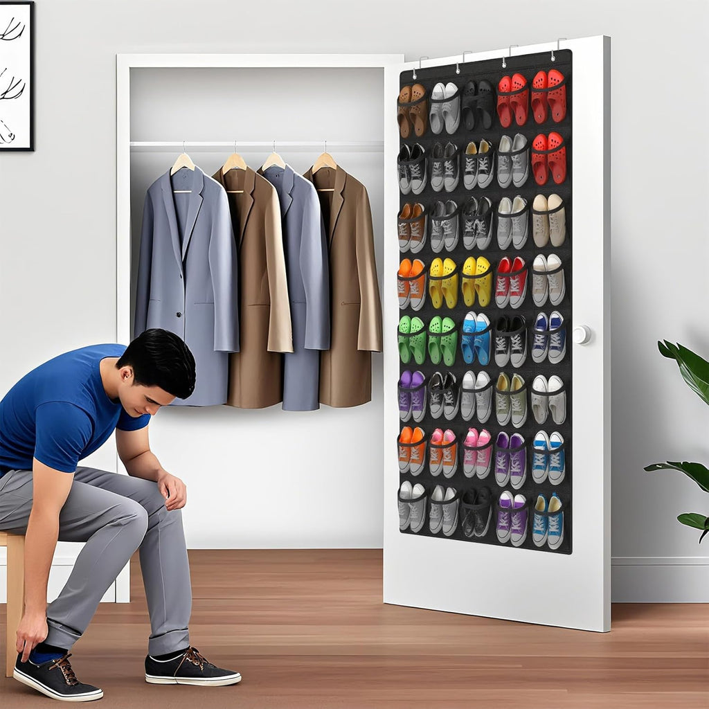 Skiennix Over The Door Shoe Organizer - 40-Pocket Hanging Rack for Closet Storage | Black Mesh Pockets
