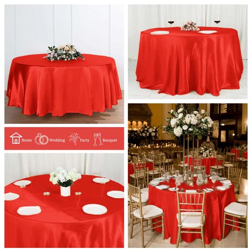 Pesonlook 6 Pack Red Round Tablecloth, 108 Inch Satin Fabric Tablecloth for Round Table, Wrinkle Resistant Washable TableCover Bright Silk TableClothes for Wedding Party Dining Table Banquet