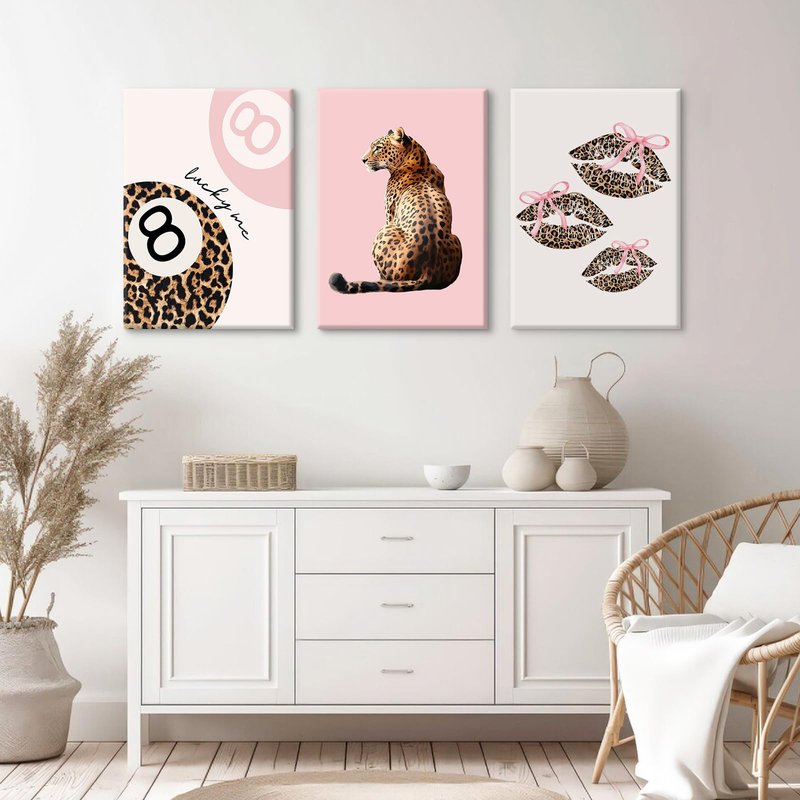 Pink Cheetah Wall Art Decor Leopard Preppy Trendy Canvas Poster Fashion Aesthetic Room Decor Y2k 8 Ball Prints Coquette Bow Picture Pink Lucky Painting for Dorm Girl Bedroom 16x24x3 Inch Ready to Hang
