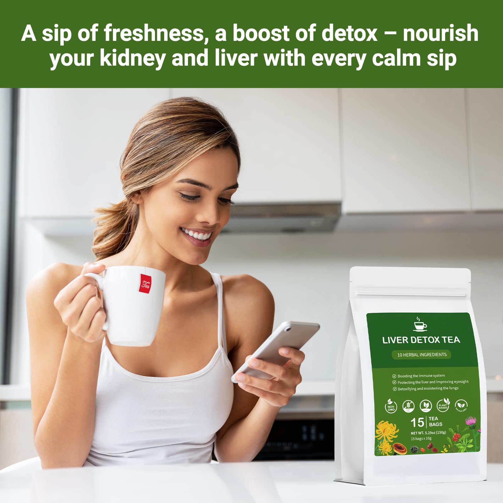 Liver Detox Tea, Chinese Kidney and Liver Cleanse Detox Herbal Tea Support Kidney Healthy Function with 11 Precious Ingredients Formula (1 Pack/15 Bags)