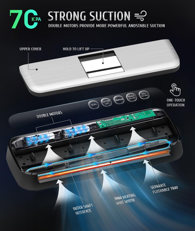 VALUEAGLE One-touch full automatic vacuum sealer machine,food saver vacuum sealer machine with double motors, 7mm heating wire, Touch screen & Moist/Dry modes,15 seal bags and 1 air suction hose