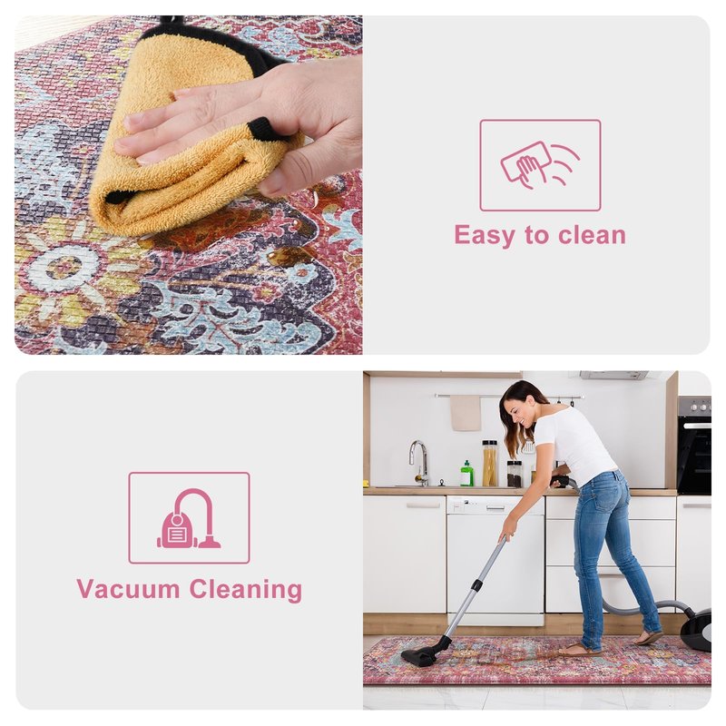 KIMODE Anti Fatigue Kitchen Mat, Cushioned Boho Kitchen Rugs Sets of 2, Non Slip Farmhouse Kitchen Mat for Floor, Waterproof Standing Desk Mat for Laundry, Office, Sink Fuchsia/Multi 17"x59"+17"x29"