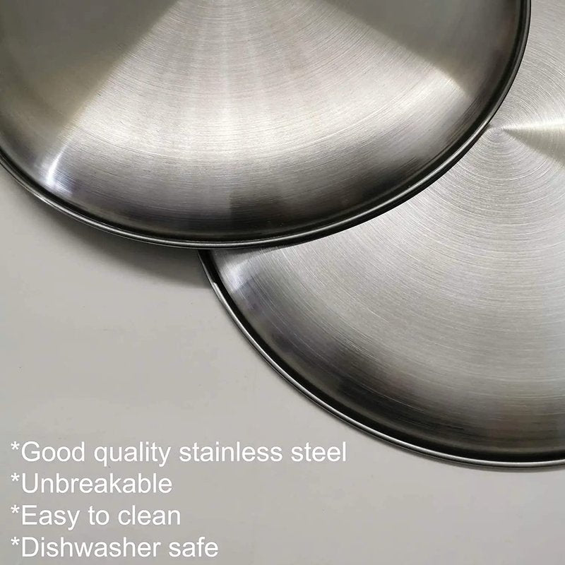 JXHAPY Reusable Brushed Metal Dinner Plates-Stainless Steel Round Plates,Dinner Plate Dish Heavy Duty Kitchenware Round Metal Plates | Dishwasher Safe |Use for BBQ Steak (10 Inch 4 Pack)