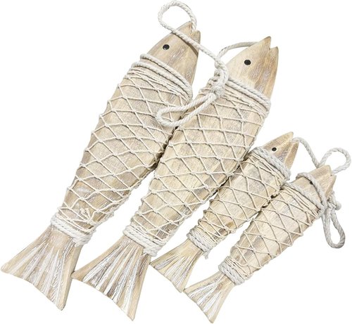 Antique Wood Fish Decor by [Brand Name] - Rustic Nautical Hand-Carved Wall Hanging Ornaments | 12.59" H & 7.8" H