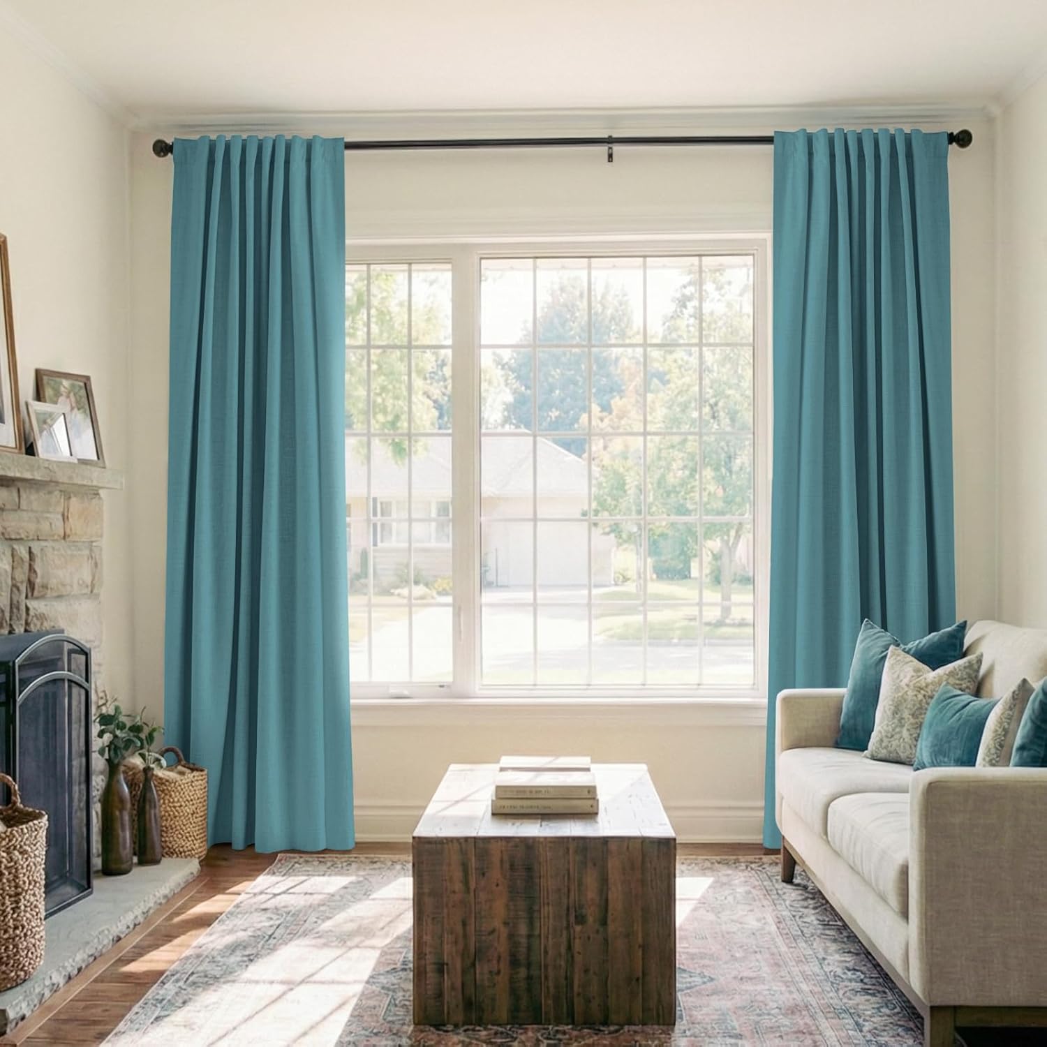 Skiennix 100% Blackout Linen Curtains - Thermal Insulated Drapes, 50" W x 90" L, Dark Cyan - 2 Panels Set
