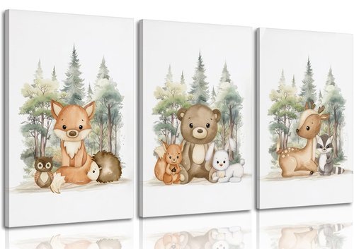 3 Pcs Nursery Woodland Animals Canvas Wall Art Fox Bear Deer Painting Picture Wall Decor Cute Wild Animals Poster Print Artwork For Baby Bedroom Kids Room Home Decoration 16inx24in Framed
