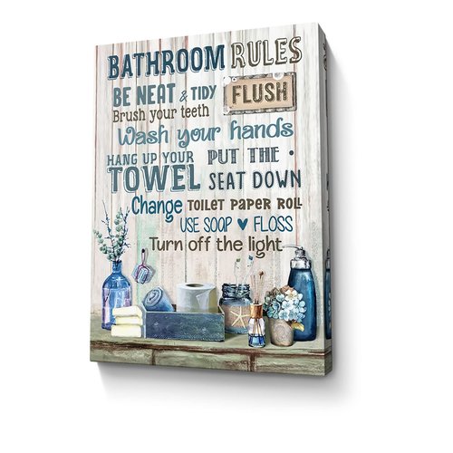 Rustic Bathroom Rules Sign - Navy Blue Wall Art, 16x24 inch Framed Modern Artwork for Toilet & Laundry Room Decor