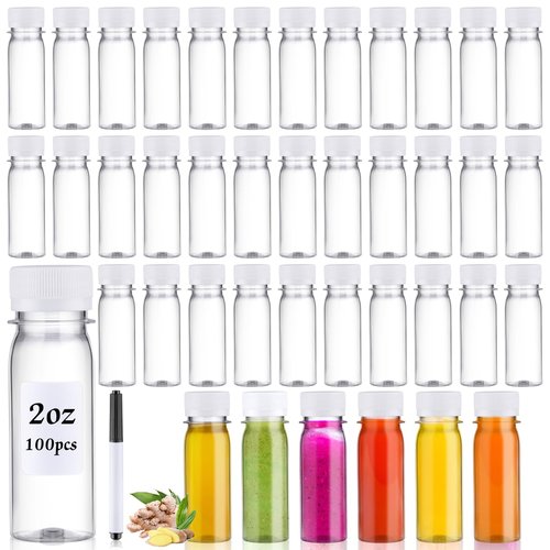FoldTier 100 Pcs Plastic Juice Shot Bottles with Caps Small Clear Ginger Shots Bottles for Liquids Juice Jars Leakproof Containers with White Lids Marker Pen Labels for Essential Oil Milk Water (2 oz)