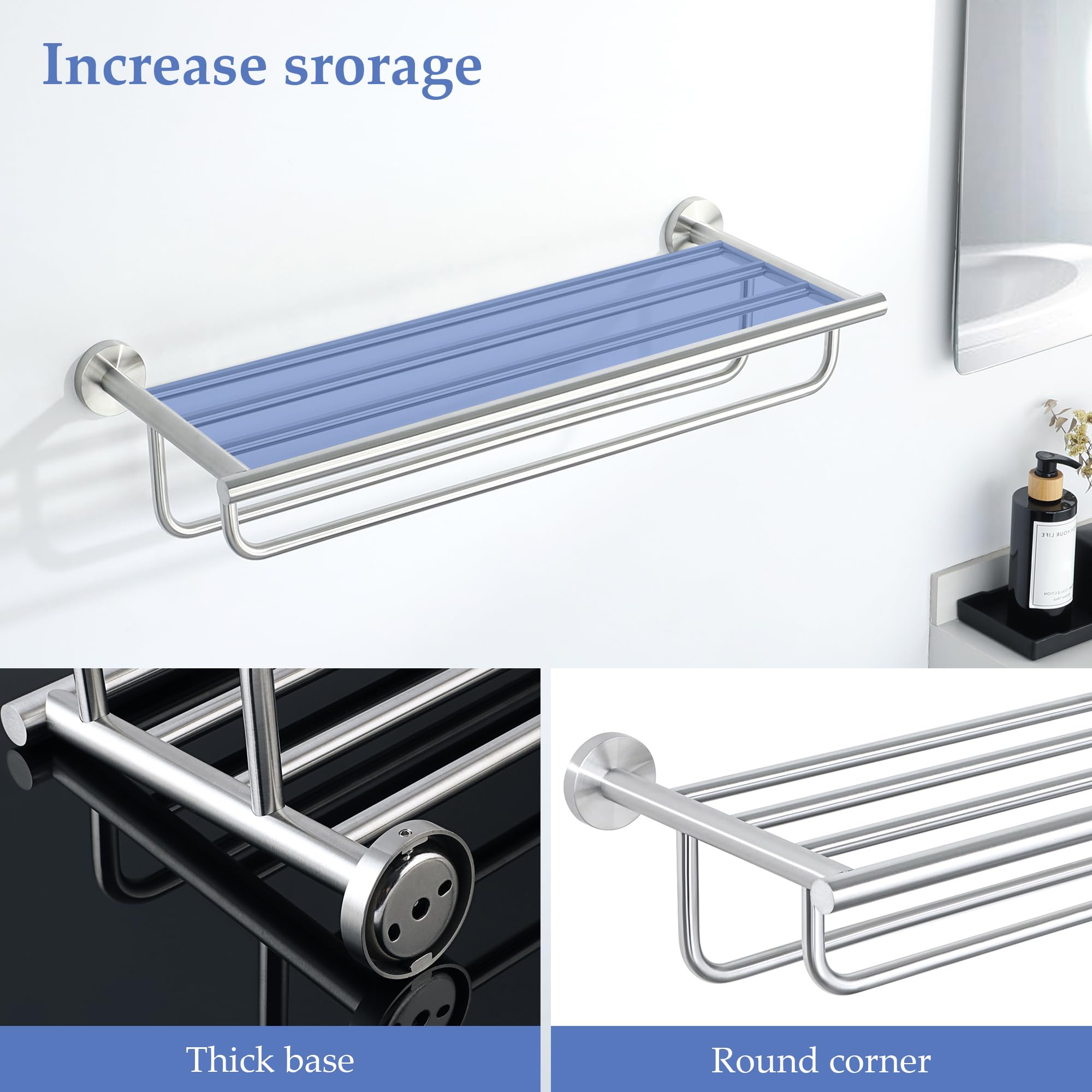 Alise 24 inch Towel Shelf with Double Towel Bars,Towel Rack for Bathroom,SUS 304 Stainless Steel Wall Mount Towel Holder Storage,Brushed Nickel,GYT7060-LS