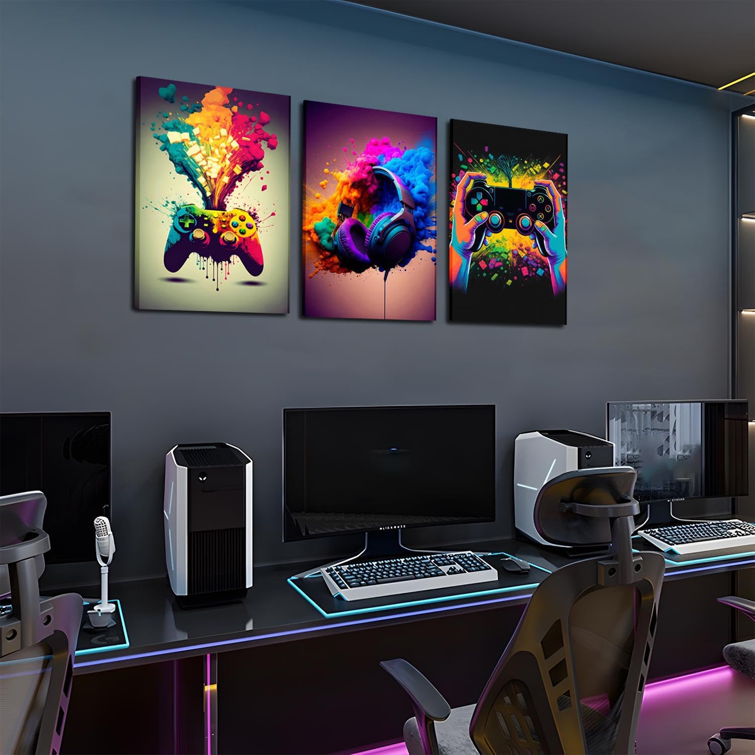 Skiennix Gaming Room Decor | Set of 3 Framed Canvas Posters - Video Game Controller Art for Boys' Bedrooms (16x24 in)