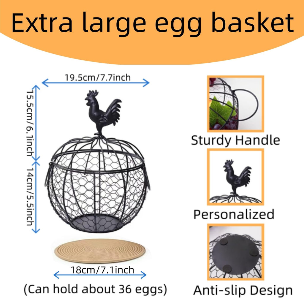 Wire Egg Basket for Gathering Fresh Eggs with Handle | Metal Egg Holder Countertop | Farm Fresh Egg Collecting Basket and Storage Holder | Suitable for Kitchen, Countertop and Farm (About 36 Eggs)