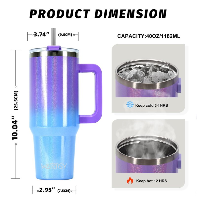 40 oz Shiny Tumbler with Handle and Straw,Stainless Steel Tumbler with Lid and Straw,Insulated Travel Mug(Cold for 34 Hours),Water Bottle for Iced Tea,Coffee (Purple)