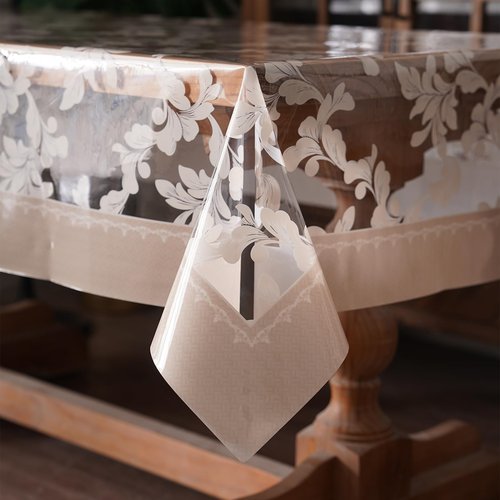 Artbloss Vinyl Table Cloth Rectangle Clear Table Cover Protector with Block Printed Pattern Oil Spill Proof Farmhouse Rustic Plastic Table Covers for Dining Tables (Scroll Grass, 55 x 120 Inches)